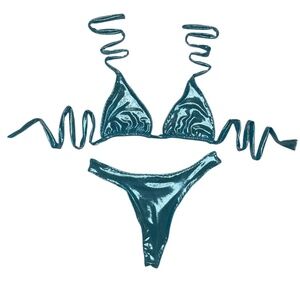 Metallic Blue Slide Triangle Top & High Leg Bikini Set